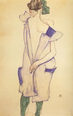 Egon Schiele Standing Girl in Blue Dress and Green Stockings.Back Viwe (mk12) oil painting picture